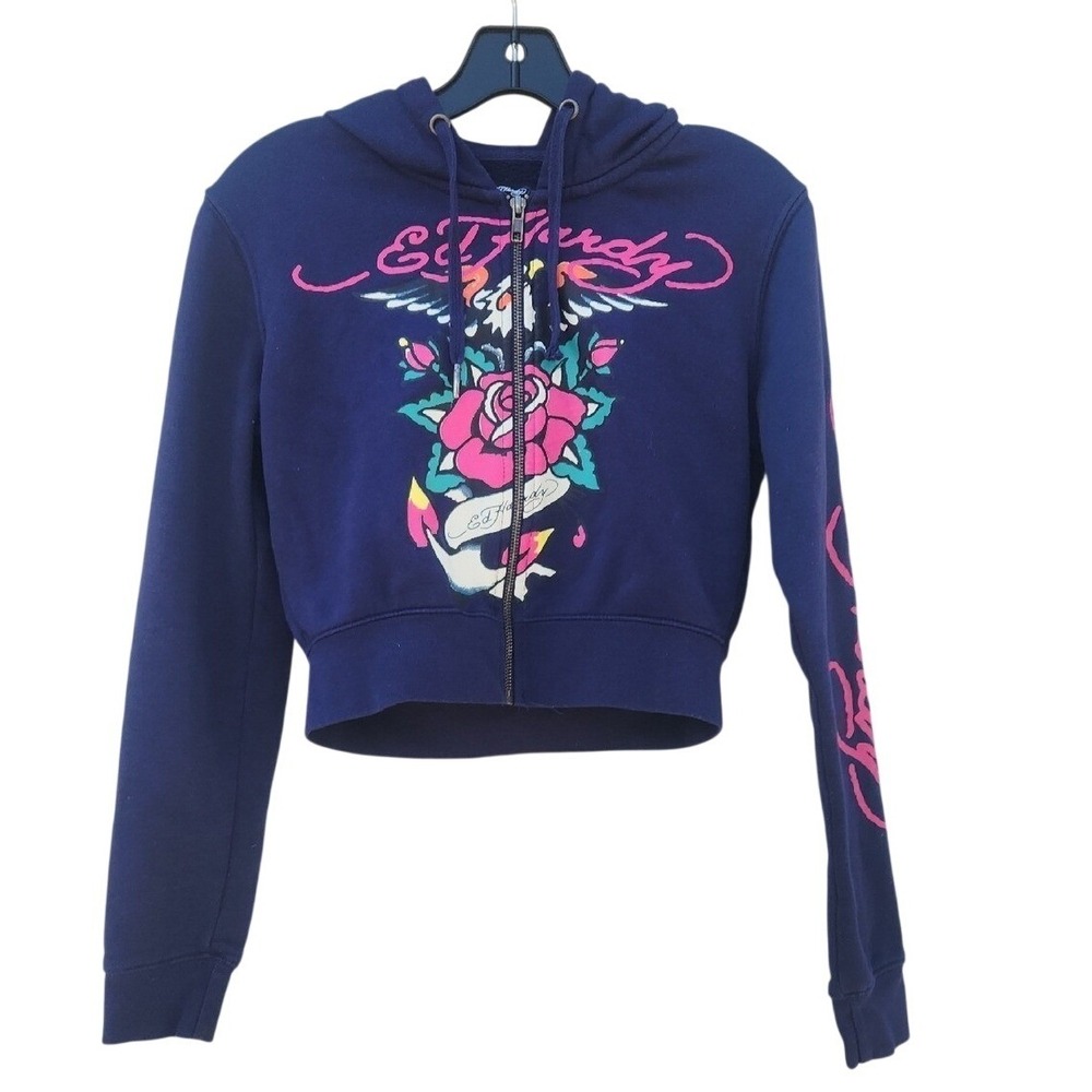 Ed Hardy Eagle Rose Navy Crop Zip Hoodie‎ Tattoo Y2k Baddie Medium Jersey Shore
